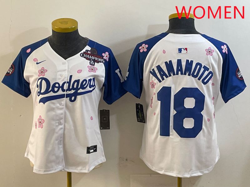 Women Los Angeles Dodgers #18 Yamamoto White Blue Sakura Edition 2025 Nike MLB Jersey style 2->women mlb jersey->Women Jersey
